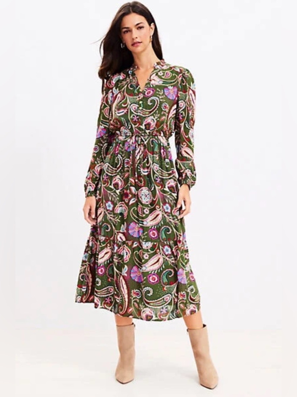 Loft Petite Green Colorful Paisley Ruffle Tiered Midi Dress